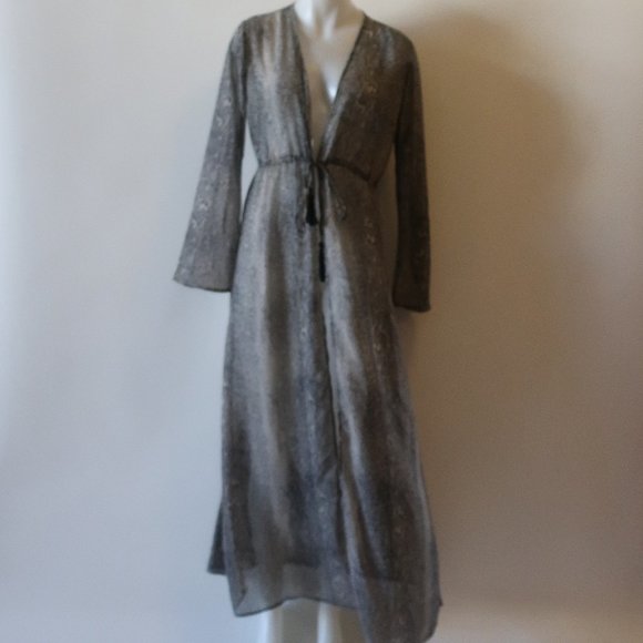 WOMENS AAKAA BLACK WHIT PRINT DESIGN SEMI-SHEER MAXI WRAP DRESS M * - Picture 1 of 10